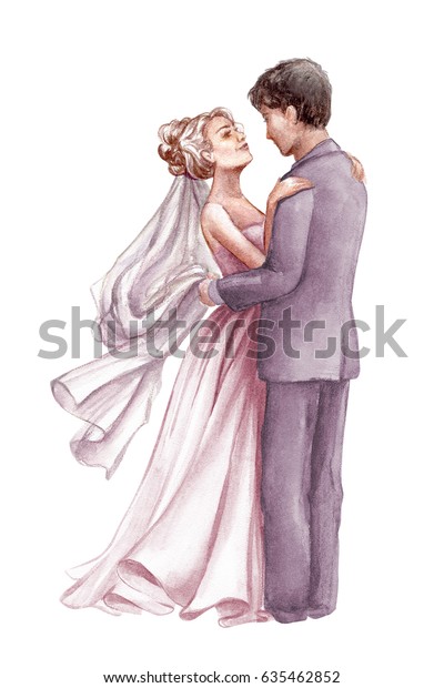 水彩色のウエディングイラスト ロマンチックなカップル 新郎新婦 夫婦 男女 結婚したばかり のイラスト素材