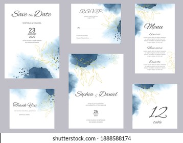 Watercolor wedding invitation cards. Floral poster, invite. Elegant wedding invitation with watercolor splash and gold floral elements