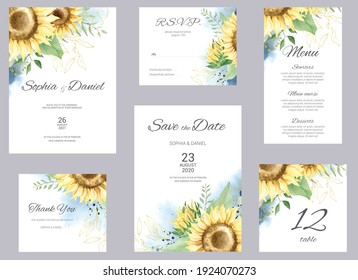 Watercolor wedding invitation cards. Floral poster, invite. Elegant wedding invitation with watercolor floral elements, sunflower and eucalyptus