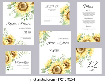 Watercolor wedding invitation cards. Floral poster, invite. Elegant wedding invitation with watercolor floral elements, sunflower and eucalyptus