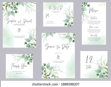 Watercolor wedding invitation cards. Greenery poster, invite. Elegant wedding invitation with watercolor green and gold floral elements