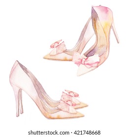 Watercolor Wedding Shoes Isolated On White Background. Set Of Two Pair Of Beige Shoes.