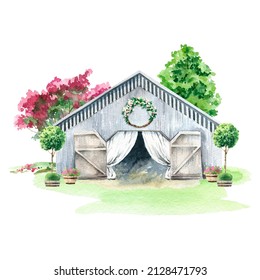 Watercolor Wedding White Barn In Blooming Garden