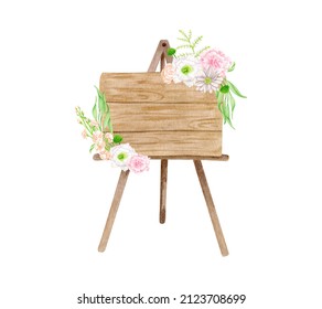 Watercolor welcome signboard illustration. Hand painted wood easel with flowers and leaves isolated on white background. Rustic wedding decoration sketch for cards, nvitations, save the date - Powered by Shutterstock