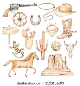 Watercolor Western Set.Lasso,cowboy Hat,boot,horse,horseshoe,lizard,wheel,wooden Sign,cactus,skull,mountain,pistol.Wild West 