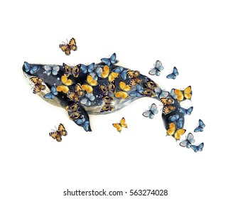Watercolor whale illustration sketch with butterflies on the white background. Watercolor sketch blue whale. Illustration isolated on white background for design,print or background. 
