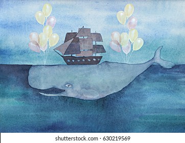 Watercolor whale with ship and air balloons in the ocean. Vintage surreal illustration