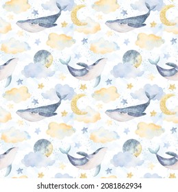 Watercolor Whales, Clouds, Moon, Stars, Seamless Pattern. Watercolor Sea Animals Illustrations. Background Print, Wear Design, Baby Shower, Kids Cards, Linens, Wallpaper, Textile.