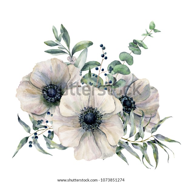 水彩白いアネモネブーケ 白い背景に手描きの花 ユーカリの葉 ジュニパー デザイン 布地 印刷 背景のイラスト のイラスト素材 1073851274