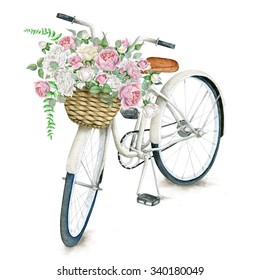 Watercolor White Bicycle With Beautiful Flower Basket Isolated On White Background