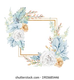 Watercolor White And Blue Floral Frame With Golden Rose, Pampas Grass, Wild Flower. Botanical Golden Glitter Texture Illustration For Greeting Card, Wedding Card, Baby Shower, Bridal Shower.