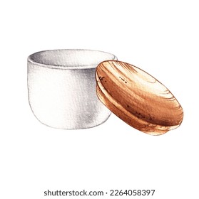 Watercolor white ceramic bowl with a wooden lid on a white background for the design of logos, business cards, postcards, banners, advertising, flyers, patterns for pastry shops, bakeries, restaurants - Powered by Shutterstock