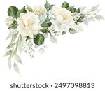 Watercolor white flowers corner border. Floral bouquet of creamy peony, ivory rose, sage green foliage,  greenery and eucalyptus leaves.  Hand painted illustration for wedding invitation, background