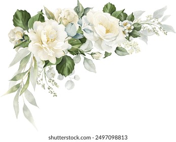 Watercolor white flowers corner border. Floral bouquet of creamy peony, ivory rose, sage green foliage,  greenery and eucalyptus leaves.  Hand painted illustration for wedding invitation, background - Powered by Shutterstock