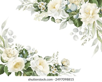 Watercolor white flowers corner border. Floral bouquet of creamy peony, ivory rose, sage green foliage,  greenery and eucalyptus leaves.  Hand painted illustration for wedding invitation, background - Powered by Shutterstock