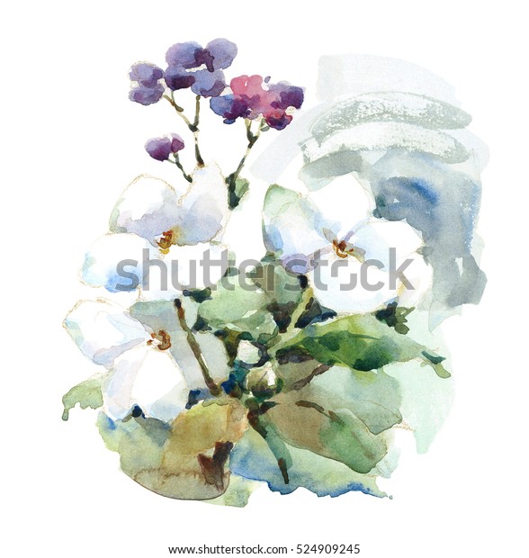 Watercolor White Flowers Floral Background Texture Stock