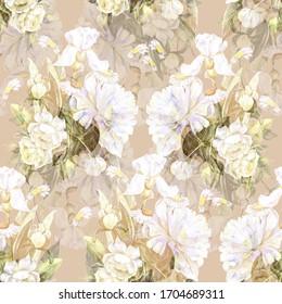 Watercolor white flowers on beige background. Floral seamless pattern for design. Illustration for holidays.