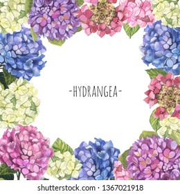 Watercolor white, green,pink and blue hydrangea frame wreath background.Nature botanical illustration for postcard,design, print. 