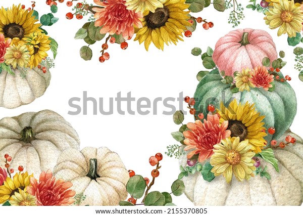 Watercolor white pumpkin autumn background with sunflower bouquet, Autumn arrangement, Farmhouse rustic wall décor