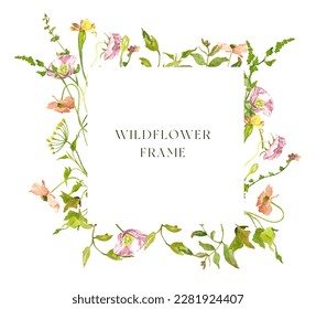 Watercolor wild flower frame on white background, perfect for rustic wedding invitation, save the date, bridal shower, baby shower card, spring wreath, countryside style - Powered by Shutterstock