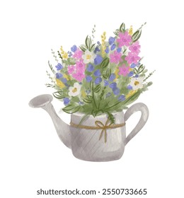 Watercolor wild flowers bouquet in pot. 2 Hand painted illustration isolated on white background , Hello spring . Greeting card birthday , woman day, mom’s day, love, Poster, print design - Powered by Shutterstock