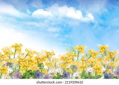 Watercolor Wild Spring Flower Garden On Blue Sky