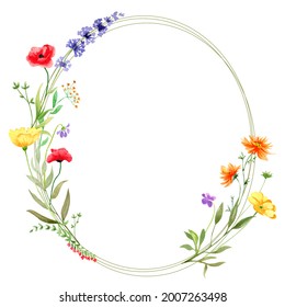 Watercolor Wildflower Wreath. Floral Wreath. Bright Flower Wreath. Botanical Frame. Hand Painted Flower Watercolor Frame.