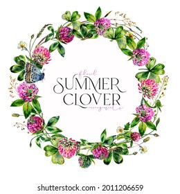 Watercolor Wildflower Wreath made of Clover Flowers and Leaves. Meadow Flowers Floral Frame Isolated on White. Spring Botanical Decoration in Vintage Style. Rustic Wedding Arrangement Invitation.