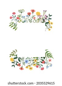 Watercolor wildflowers frame with white background. Colorful summer meadow flowers and leaves border, botanical template for cards, invitations. Floral hand painted illustration.