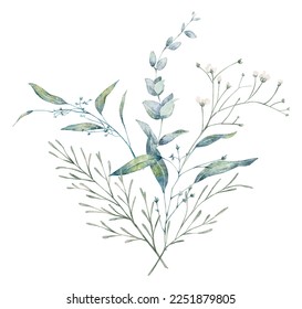 Watercolor wildflowers greenery bouquet, foliage, vintage branch painting - Powered by Shutterstock