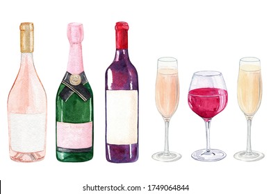 watercolor wine bottles and glasses set isolated on white background for winery, cafe menu, restaurant posters and logo design - Powered by Shutterstock