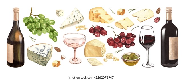 Watercolor wine and cheese.Bottle and wineglass, grapes and different cheese.Hand-drawn illustration isolated on white background. Concept for wine list, label, banner, menu, flyer, brochure template - Powered by Shutterstock