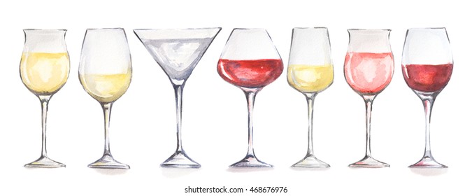 Watercolor wine glasses set. Beautiful glasses for decoration menu in restaurant or cafe. Alcoholic beverage.