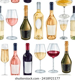 Watercolor wine story seamless pattern. Wine pattern collection. High quality hand painting watercolor background illustration. - Powered by Shutterstock