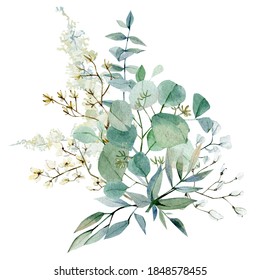 Watercolor Winter Bouquet. Fall Floral Eucalyptus Illustration For Wedding Invintation, Bridal Shower, Baby Shower, Blog Design.