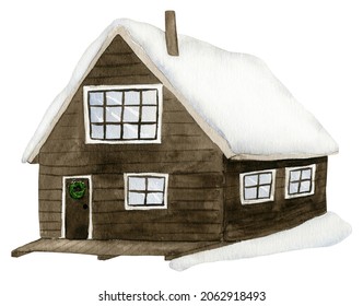 Watercolor Winter Cabin Illustration With Snow, Hand Painted Cozy Village House