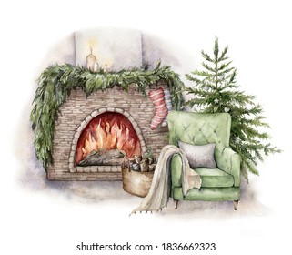 Watercolor winter card with fireplace, armchair and christmas tree. Hand painted holiday illustration with interior objects isolated on white background for design, print, fabric or background. - Powered by Shutterstock