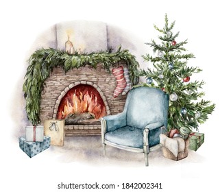 Watercolor winter card with fireplace, armchair, gift boxes and christmas tree. Hand painted holiday illustration with interior objects isolated on white background for design, print or background. - Powered by Shutterstock