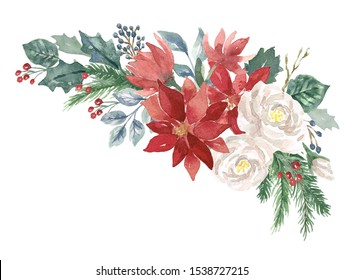 Watercolor Winter Christmas Bouquet With Foliage, Flowers, And Berries