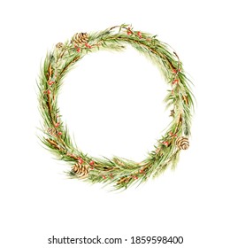 Watercolor Winter Christmas Clipart. Hand Painted New Year Wreath With Pine Cones And Fir Tree Branches. Floral Illustration For Design, Print Or Background