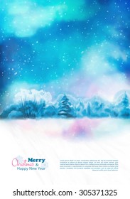 Watercolor Winter Christmas Flyer With Night Landscape, Snow-covered Forest