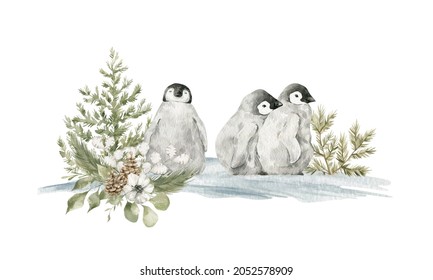 Watercolor winter composition with baby penguins and frosty nature. Wild animals, birds, evergreen trees, pine, snow.   