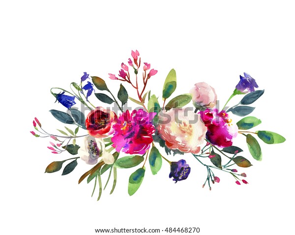 白い背景に水彩の冬花柄のブーケ紫の紫色のピンクのサンゴの花のバラの花の枝を手描きにします のイラスト素材