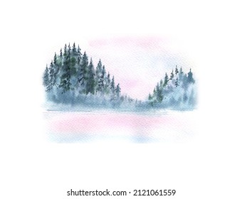 Watercolor winter forest and frozen river under ice isolated white background  Snow  covered trees  Picturesque landscape  Hand drawn illustration