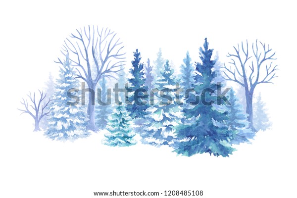 水彩の冬の森のイラスト クリスマスフィアの木 凍った自然 針葉樹 ホリデー背景 田園風景 アウトドアシーン 白い背景 のイラスト素材