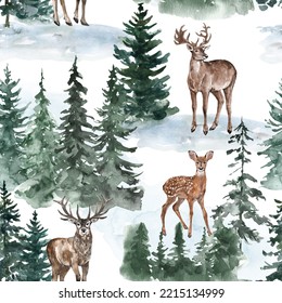 Watercolor Winter Forest Seamless Pattern. Green Woods With Pine Trees, Deer, Doe, And Snow On White Background. Christmas-themed Digital Paper.