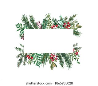 Watercolor Winter Greenery Frame, Christmas Card Template. Hand Painted Pine And Fir Tree Branches, Red Berries. Winter Holiday Rectangle Border.