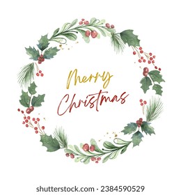 Watercolor winter greenery wreath illustration. Christmas border, round frame, holiday card template. Hand painted pine tree branches, holly, red berries. - Powered by Shutterstock