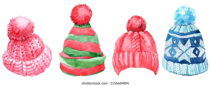Watercolor winter hats set, isolated on white background.