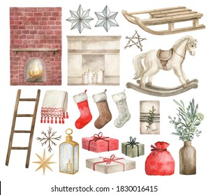 Watercolor Winter Home Decor Christmas Elements. Fireplace, Stars, Sled, Toy Horse, Socks, Gifts, Ladder, Lantern, Bag, Vase. Winter Xmas Clipart